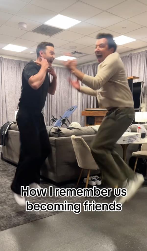 Justin Timberlake jumping with Jimmy Fallon in a video posted hours before his co<em></em>ncert postponement. 