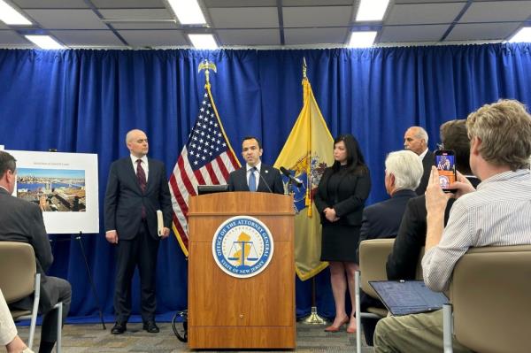 New Jersey Attorney General Matt Platkin announcing racketeering charges against George Norcross at a press co<em></em>nference in Trenton, N.J.