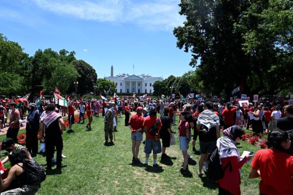 Pro-Palestinian activists from local and natio<em></em>nal organizations form a red line across the front of the White House on June 8, 2024 in Washington, DC.