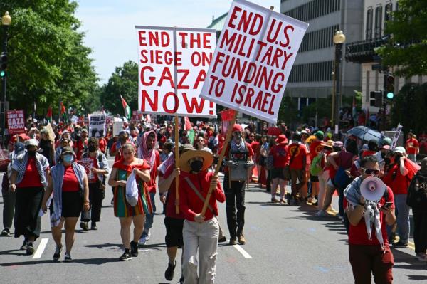 Pro-Palestinian demo<em></em>nstrators march on 17th Street NW near the White House in Washington, DC, on June 8, 2024 to protest against Israel's actions in Gaza.