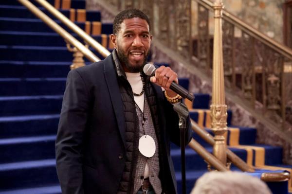 Jumaane Williams speaking into a microphone at the grand opening and official ribbon cutting of Brooklyn Paramount on March 27, 2024