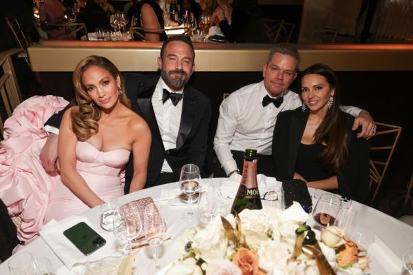 Jennifer Lopez, Ben Affleck, Matt Damon and Luciana Damon at the 2024 Golden Globes