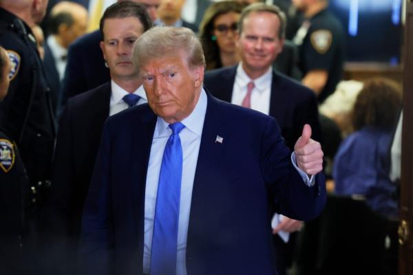 Former President Do<em></em>nald Trump leaves the courtroom for a lunch break during his civil fraud trial at New York State Supreme Court on November 06, 2023 in New York City. 