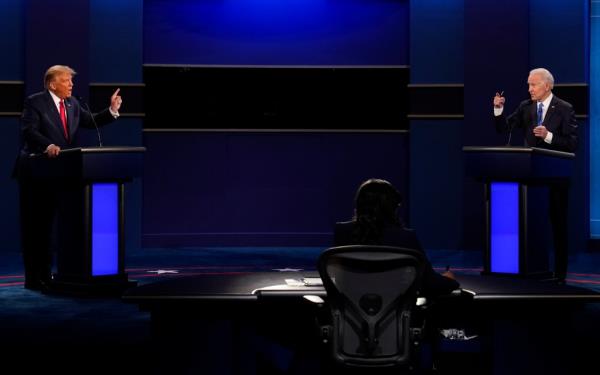 President Do<em></em>nald Trump, left, and Democratic presidential candidate former Vice President Joe Biden during the second and final presidential debate Oct. 22, 2020.